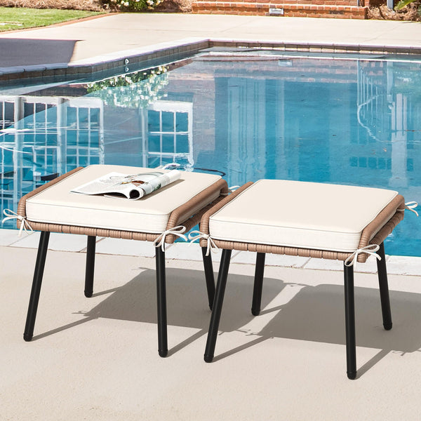 2-Piece Outdoor Wicker Ottoman Set with Cushions