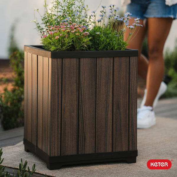 Self-Watering Resin Planter with Wood Look Finish