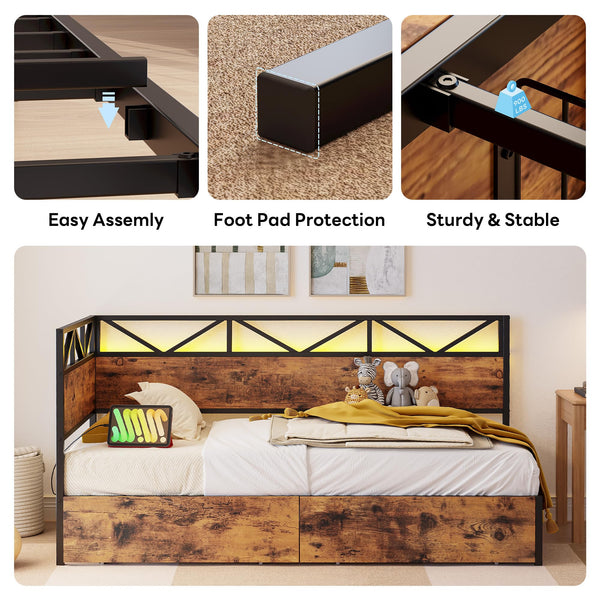Twin Daybed with Storage Drawers, Charging Station & LED Lights