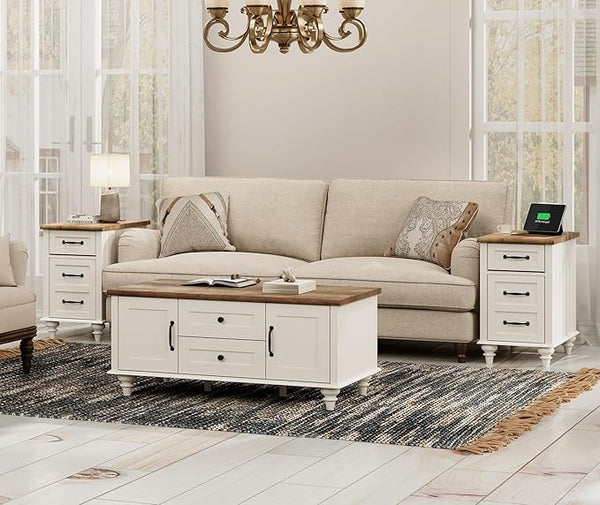 3-Piece Farmhouse Living Room Table Set with Charging Station
