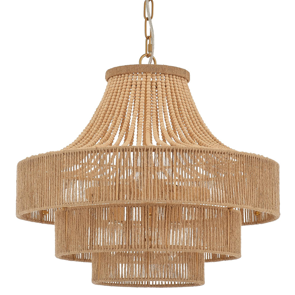 20" Boho Wood Beaded Rattan Chandelier Pendant Light, 6-Light