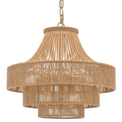 20" Boho Wood Beaded Rattan Chandelier Pendant Light, 6-Light