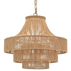 20" Boho Wood Beaded Rattan Chandelier Pendant Light, 6-Light