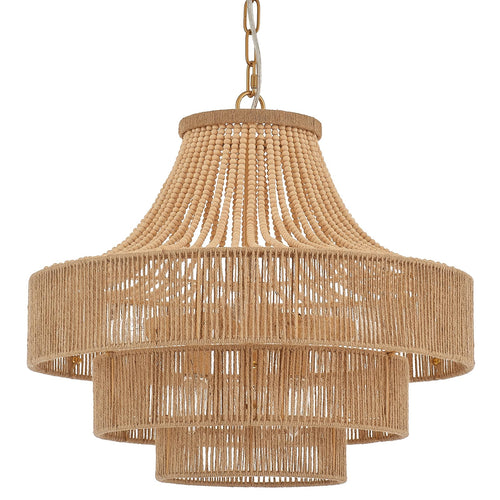 20" Boho Wood Beaded Rattan Chandelier Pendant Light, 6-Light