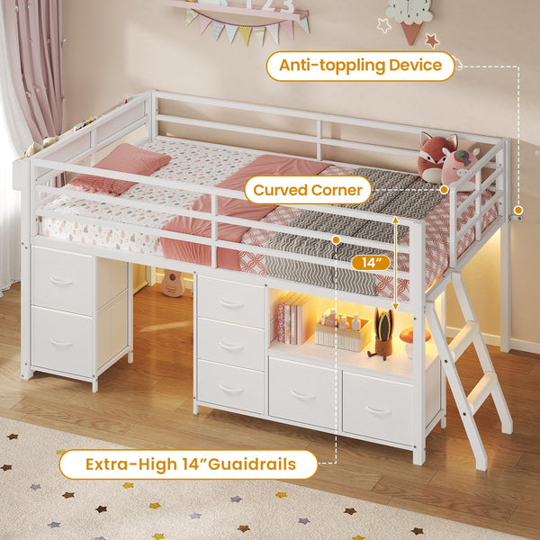 Twin Low Loft Bed with 7 Storage Drawers, LED Lights & Under-Bed Play Space