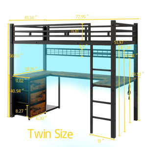 Twin Loft Bed with U-Shaped Desk, LED, Storage Drawers & Power Outlet