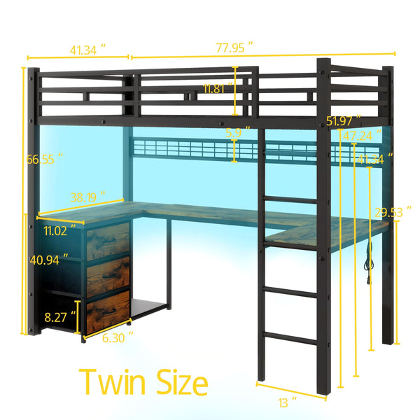 Twin Loft Bed with U-Shaped Desk, LED, Storage Drawers & Power Outlet
