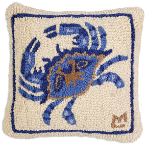 Blue Crab Hand-Hooked Wool Throw Pillow – 14x14 Decorative Accent Pillow