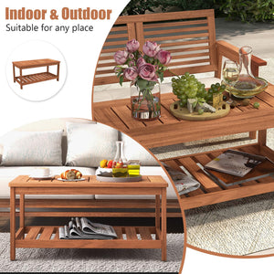 2-Tier Solid Wood Outdoor Coffee Table with Storage Shelf