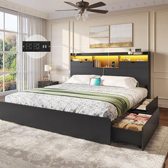 King Bed Frame with Storage Drawers, LED Lights & Charging Station