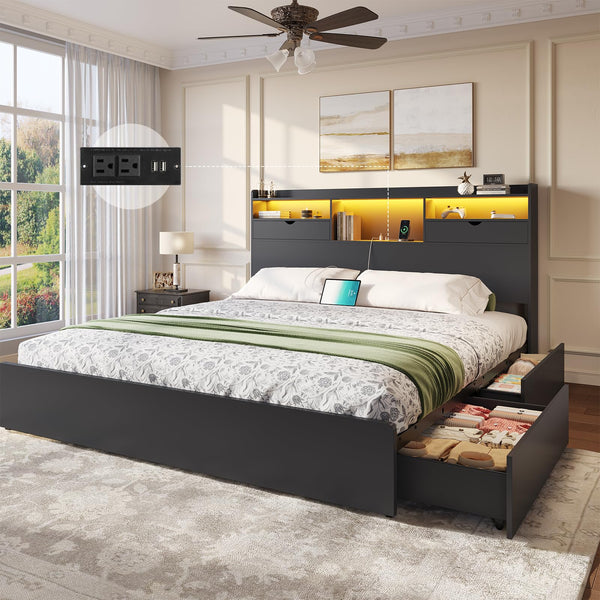 King Bed Frame with Storage Drawers, LED Lights & Charging Station
