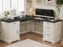 L-Shaped Farmhouse Executive Desk with Drawers & Charging Station
