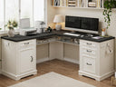 L-Shaped Farmhouse Executive Desk with Drawers & Charging Station