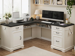L-Shaped Farmhouse Executive Desk with Drawers & Charging Station