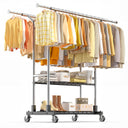 Heavy Duty Double Rod Clothes Rack with Shelves & Lockable Wheels
