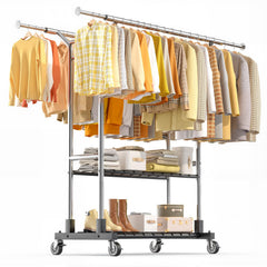 Heavy Duty Double Rod Clothes Rack with Shelves & Lockable Wheels