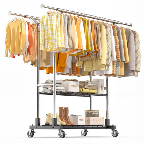 Heavy Duty Double Rod Clothes Rack with Shelves & Lockable Wheels