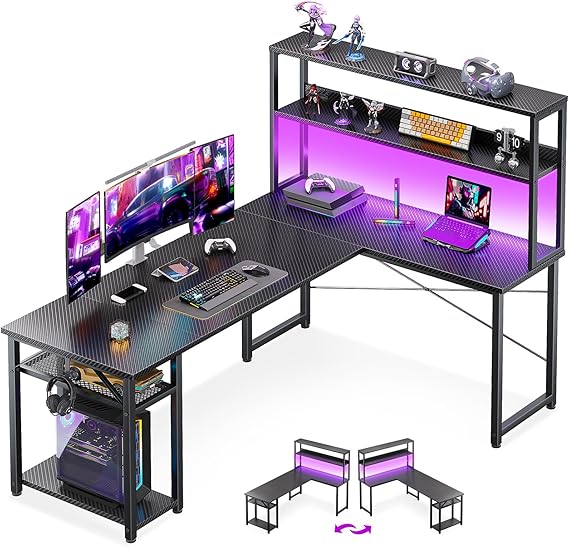 L-Shaped Gaming Desk with Hutch & Storage Shelves