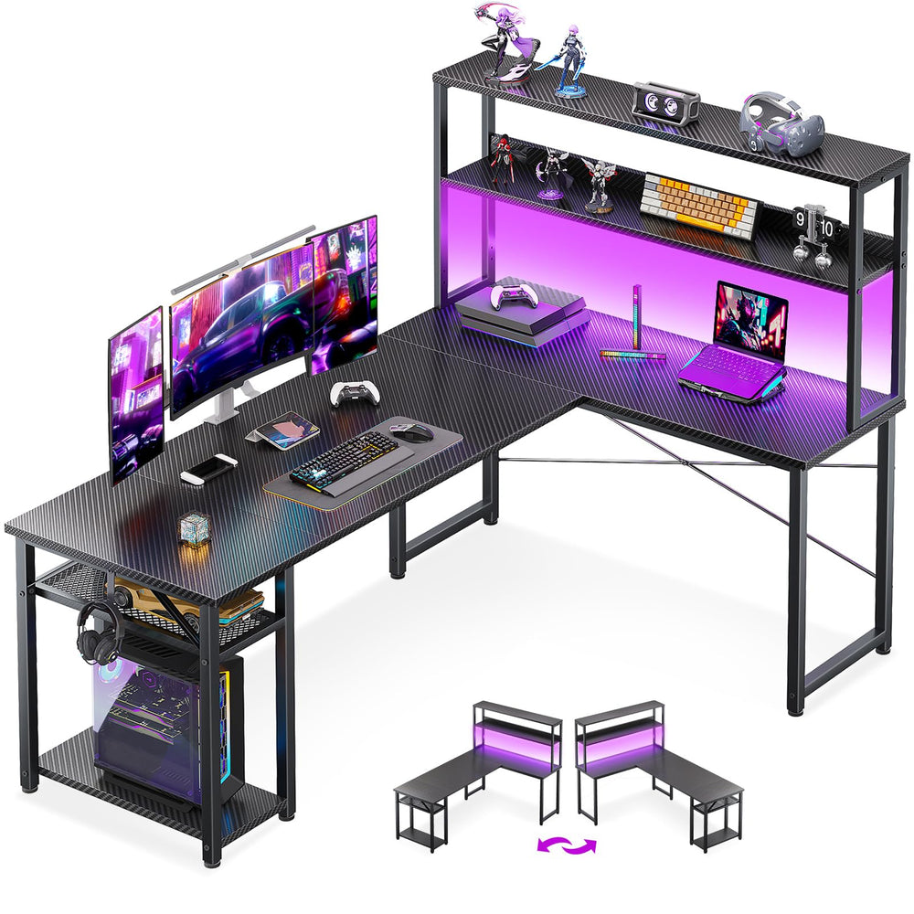 L-Shaped Gaming Desk with Hutch & Storage Shelves