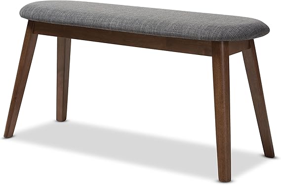 Mid-Century Modern Fabric Upholstered Bench with Walnut Wood Legs