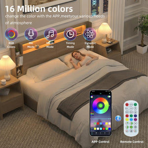 Headboard with Shelves, Charging Station & LED Light