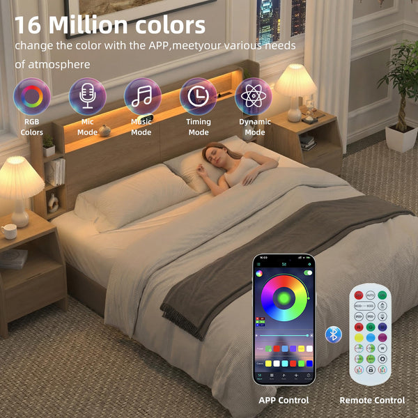 Headboard with Shelves, Charging Station & LED Light