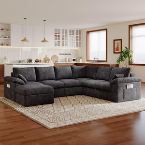 112" Modular Cloud Sectional Sofa, 6-Seater Chenille, Storage Ottoman