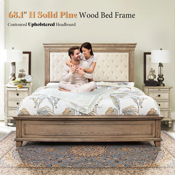 King Size Upholstered Bed Frame with Tall Headboard – Solid Wood, No Box Spring