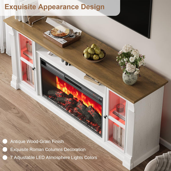 70" Farmhouse TV Stand with 36" Electric Fireplace & LED Lights