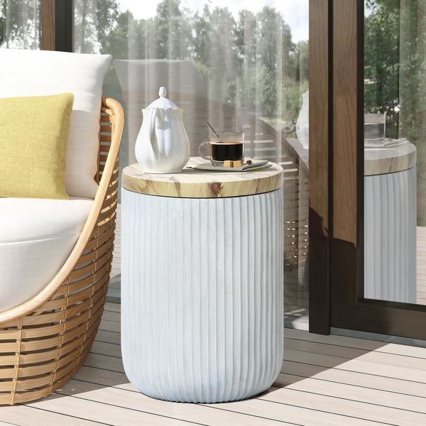 Outdoor Side Table with Storage Cement Patio End Table Wood Lid Accent Table