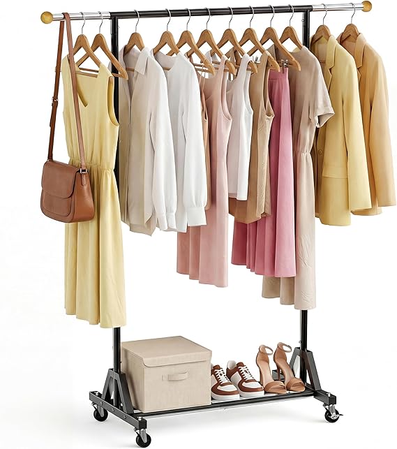Rolling Garment Rack with Double Rod, Lockable Casters & Mesh Shelf