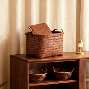 Woven Storage Baskets with Leather Handle