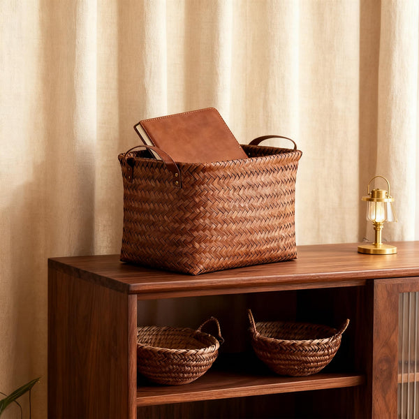 Woven Storage Baskets with Leather Handle