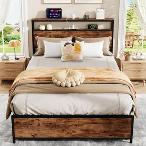 Full/Queen Platform Bed Frame with Storage Headboard, 6 Drawers & LED Lights