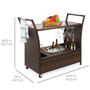 Rolling Wicker Bar Cart with Ice Bucket & Glass Top