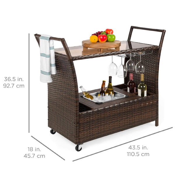 Rolling Wicker Bar Cart with Ice Bucket & Glass Top