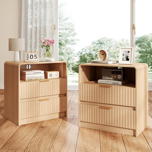 Fluted Nightstand Set of 2 with Charging Station