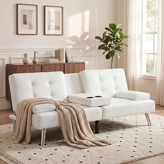 Convertible Futon Sofa Bed with Adjustable Backrest & Armrest