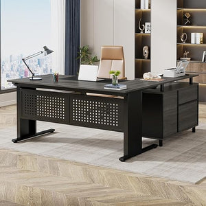 L-Shaped Executive Desk with File Cabinet & Storage Shelves