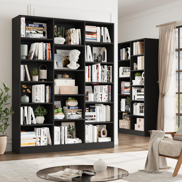 Triple Wide 6-Tier Bookshelf with 17 Open Display Shelves, 74" Tall