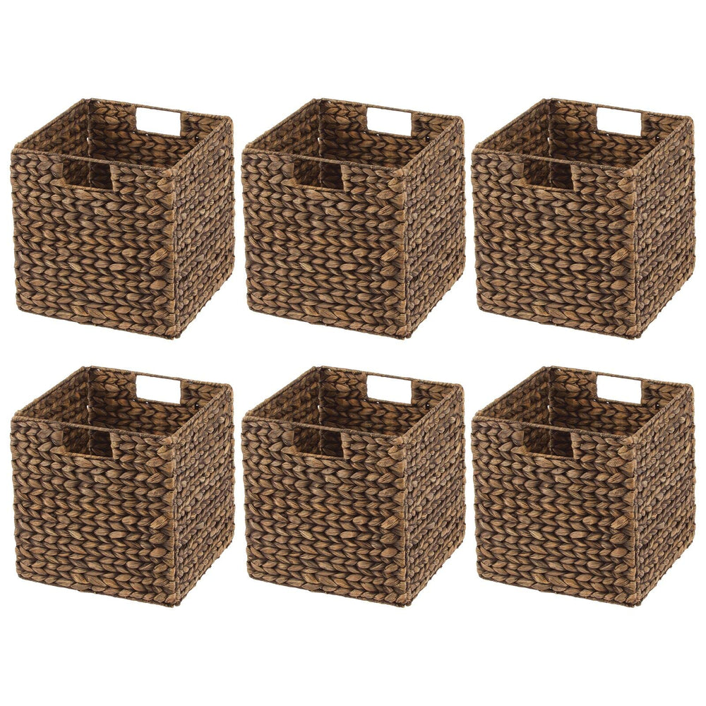 Woven Hyacinth Cube Storage Baskets with Handles – Set of 6, Brown Wash