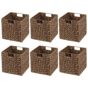Woven Hyacinth Cube Storage Baskets with Handles – Set of 6, Brown Wash