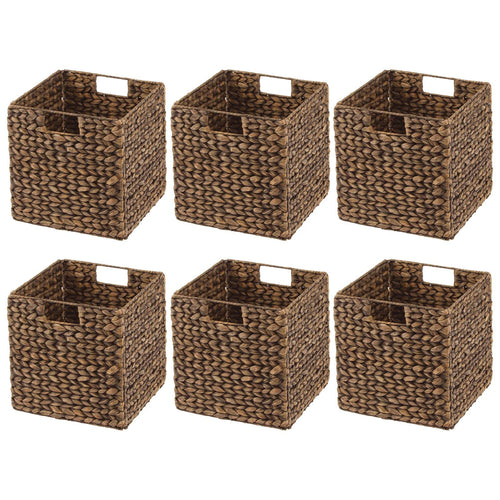 Woven Hyacinth Cube Storage Baskets with Handles – Set of 6, Brown Wash