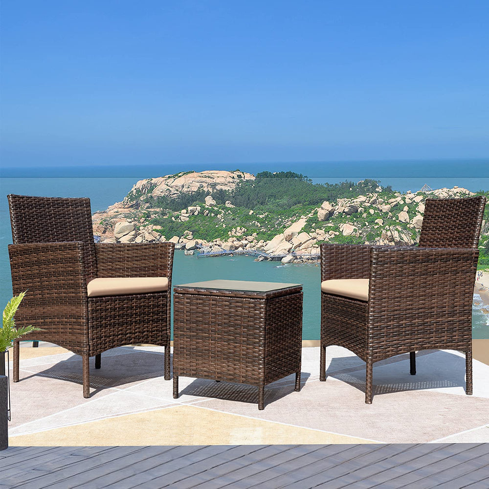 3-Piece Outdoor Rattan Patio Furniture Set with Cushions & Glass Table