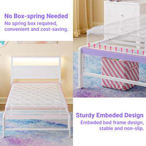 Twin Bed Frame with Headboard Shelf, RGB LED Light & Charging Station