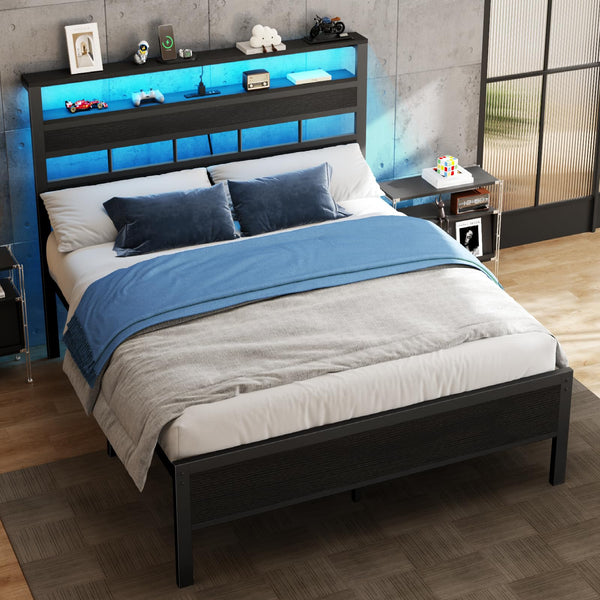 Full Size Bed Frame with LED Lights, Charging Station & Storage Headboard