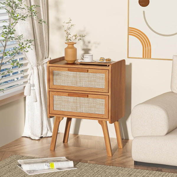 Boho Rattan Nightstand with 2 Drawers & Solid Wood Legs