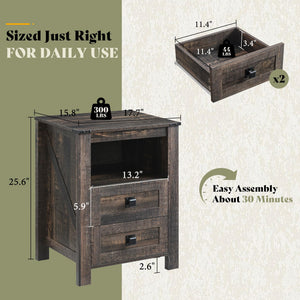 Farmhouse Nightstand Set of 2 with Drawers & Open Shelf