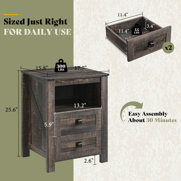 Farmhouse Nightstand Set of 2 with Drawers & Open Shelf