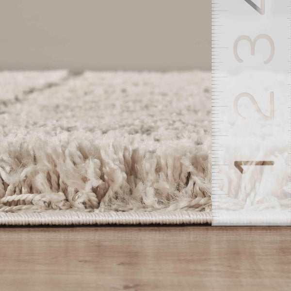 Cream Checkered Shag Area Rug – Polypropylene, High Pile, Multiple Sizes